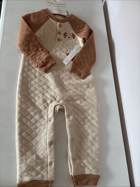 Tahari Cream and Brown Quilted Baby Romper and Hat